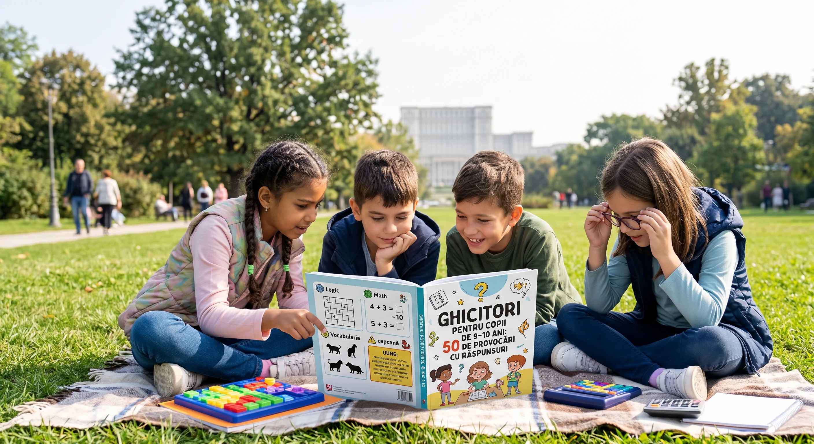 Copii de 9–10 ani rezolvând ghicitori și jocuri de logică